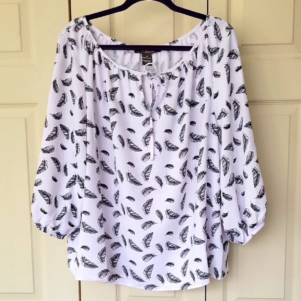 Feather Print White Peasant Blouse